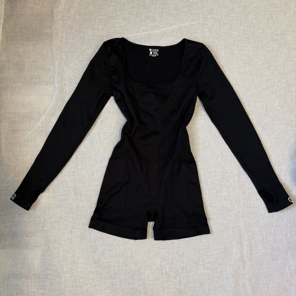 Black Long Sleeve Workout Romper Square Neck OQQ Seamless Thumbhole Large